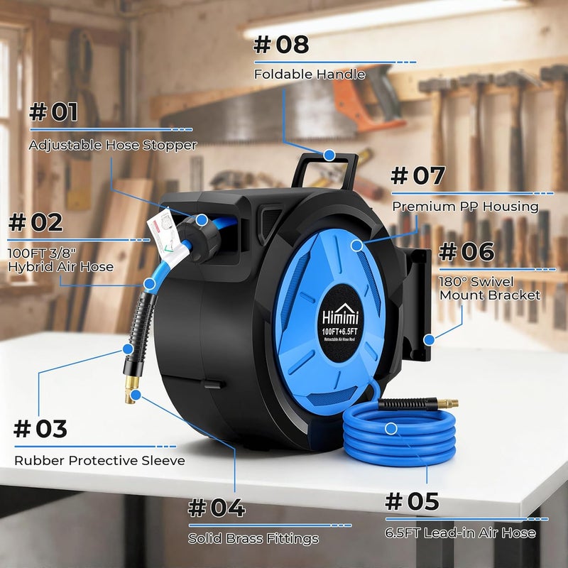 Himimi Retractable Air Hose Reel, 3/8" x 100 Ft Hybrid Hose Air Compressor Hose Reel with 6.5 Ft Lead-in Max 300 PSI, Air Hose with Any Length Lock, Automatic Rewind, 180° Swivel Bracket, Quick Coupler - Image 4